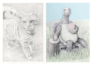 Two images of animals. One, realistic pet portrait of a cat. The other a narrative, whimsical illustration of an anthropomorphic tortoise, drinking from a long straw and holding playing cards