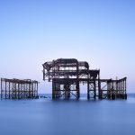 Remains of the West Pier, Brighton, East Sussex. Long exposure photograph showing the skeletal structure of the old pier