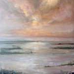 Atmospheric semi-abstract landscape painting of the Albufera wetlands near Valencia, with a low horizon, reflective water and a dramatic mauve-grey sky holding traces of warm evening light.