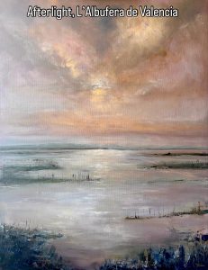 Atmospheric semi-abstract landscape painting of the Albufera wetlands near Valencia, with a low horizon, reflective water and a dramatic mauve-grey sky holding traces of warm evening light.